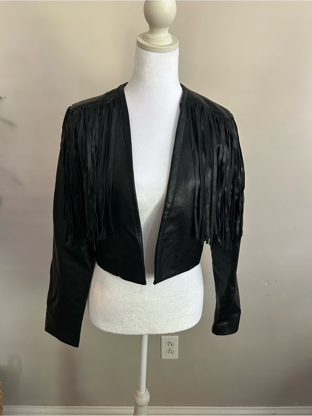 LE LIS Collection Faux Leather Fringe Cropped Jacket